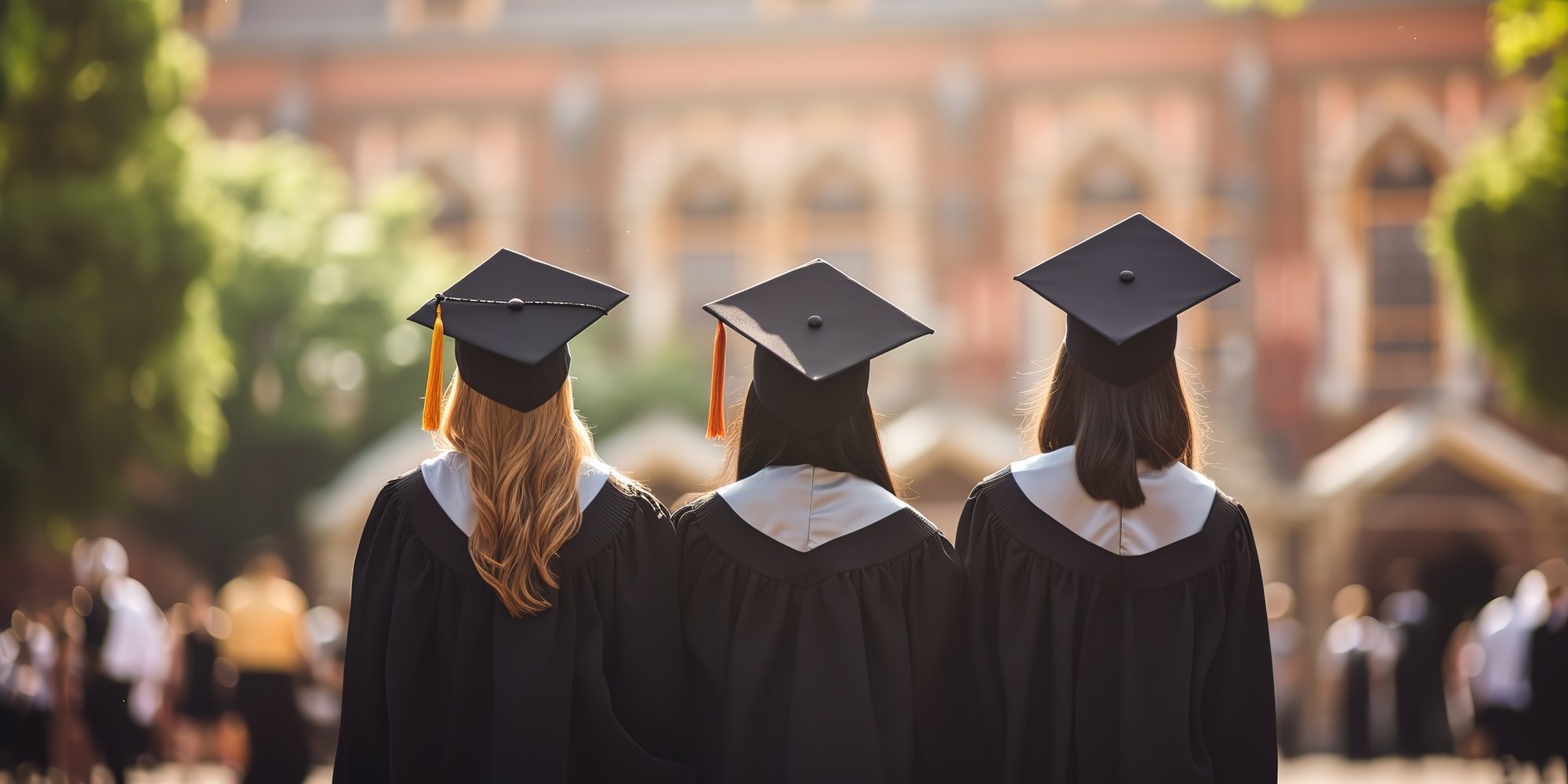 Rear view of university graduates in graduation gown and cap on admission day