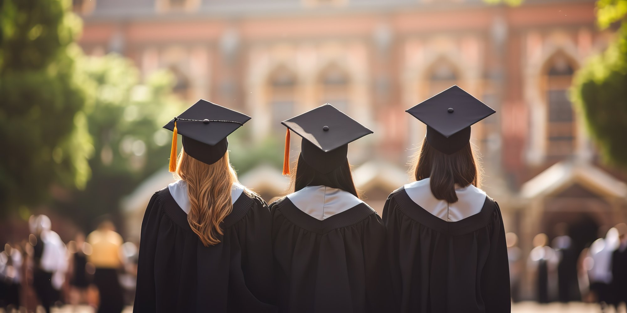 Rear view of university graduates in graduation gown and cap on admission day Rear view of university graduates in graduation gown and cap on admission day